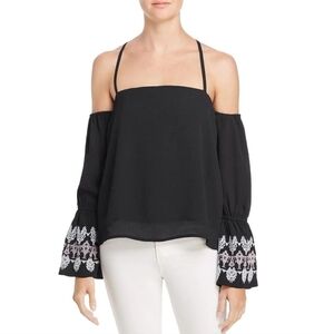Banjara Off Shoulder Embroidered Bell Sleeve Boho Top Black M